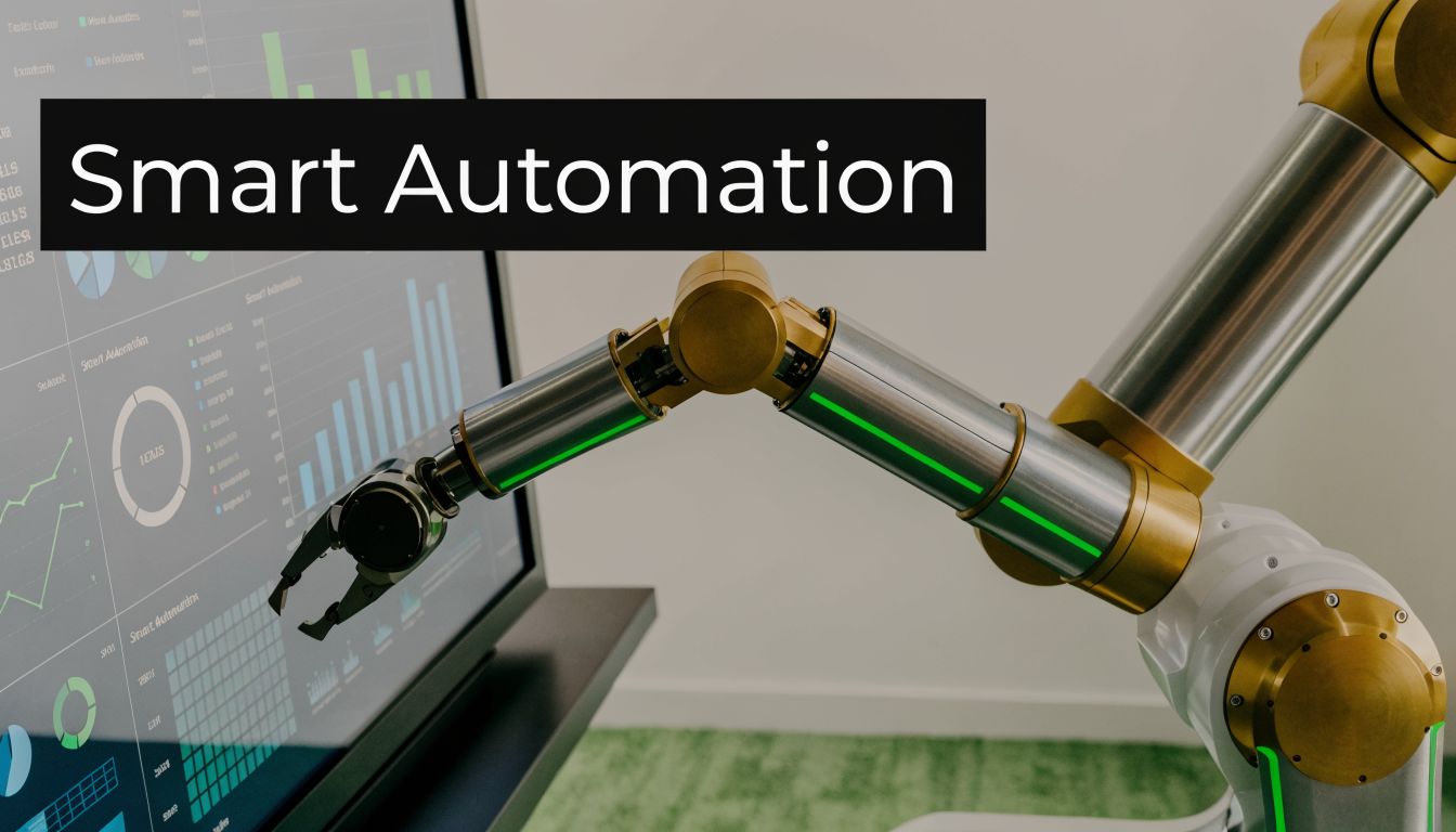 A robotic mechanical arm pointing at a digital screen displaying business data charts and performance graphs.