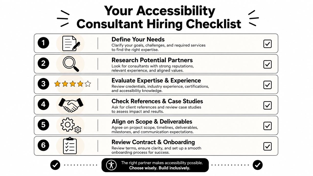 A six-step infographic checklist for hiring an accessibility consultant to ensure inclusive business practices.