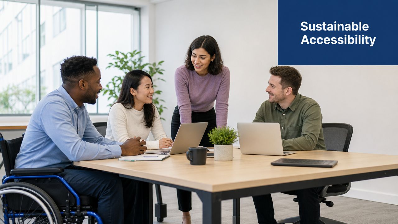 A diverse group of four professionals collaborating around a table in a modern office space.