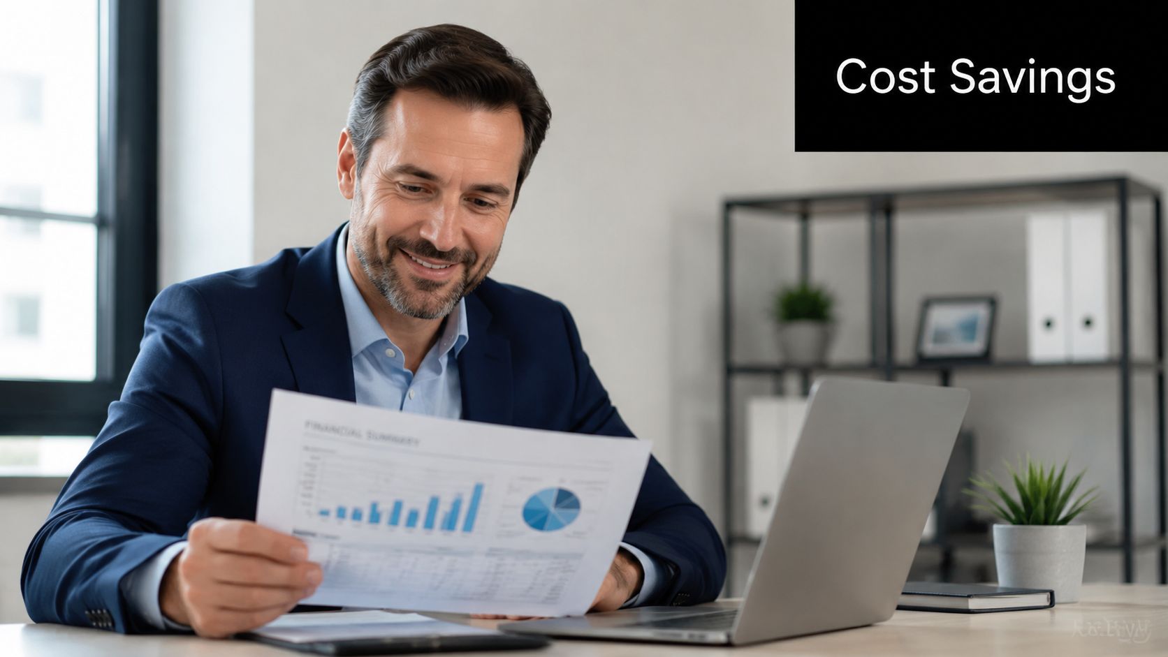A smiling businessman in a blue suit reviewing a financial report while working on his laptop
