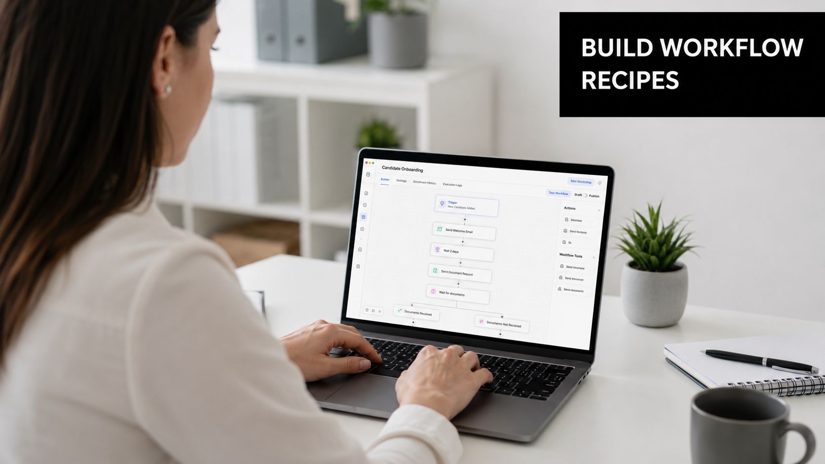 A professional woman working on a laptop at a desk with an automated workflow builder interface.