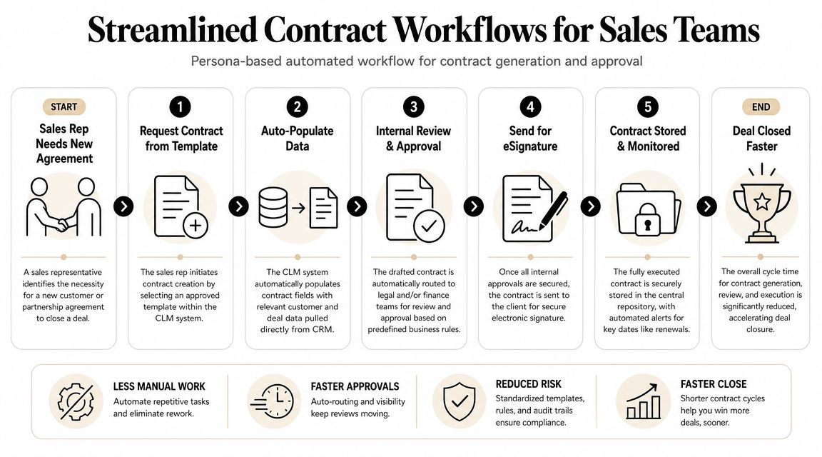 A diagram illustrating a five-step automated contract workflow process for sales teams to close deals faster.