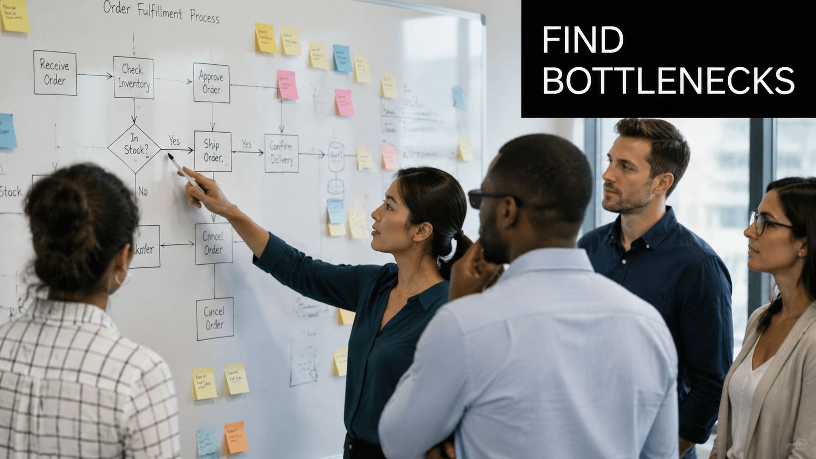 A professional team collaborates on an order fulfillment process flowchart on a whiteboard in an office.