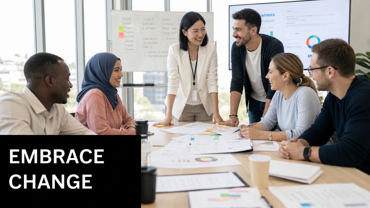 A diverse team of professionals collaboratively discussing business strategies and data analytics in a modern office meeting.