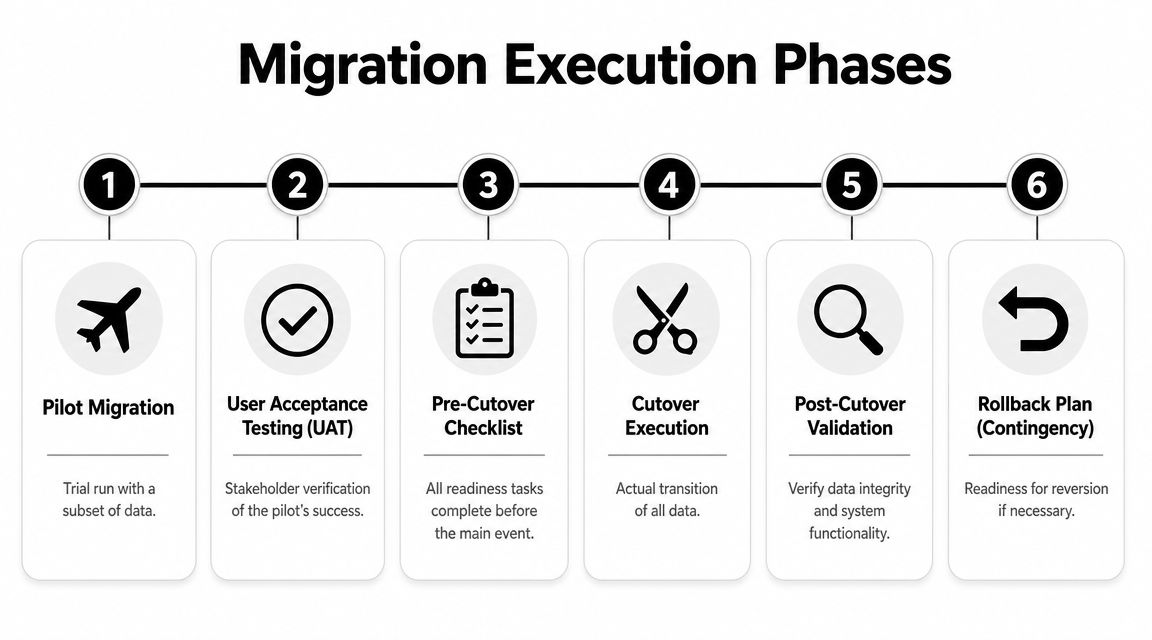 A six-step diagram illustrating the sequential phases of the migration execution process for business systems.