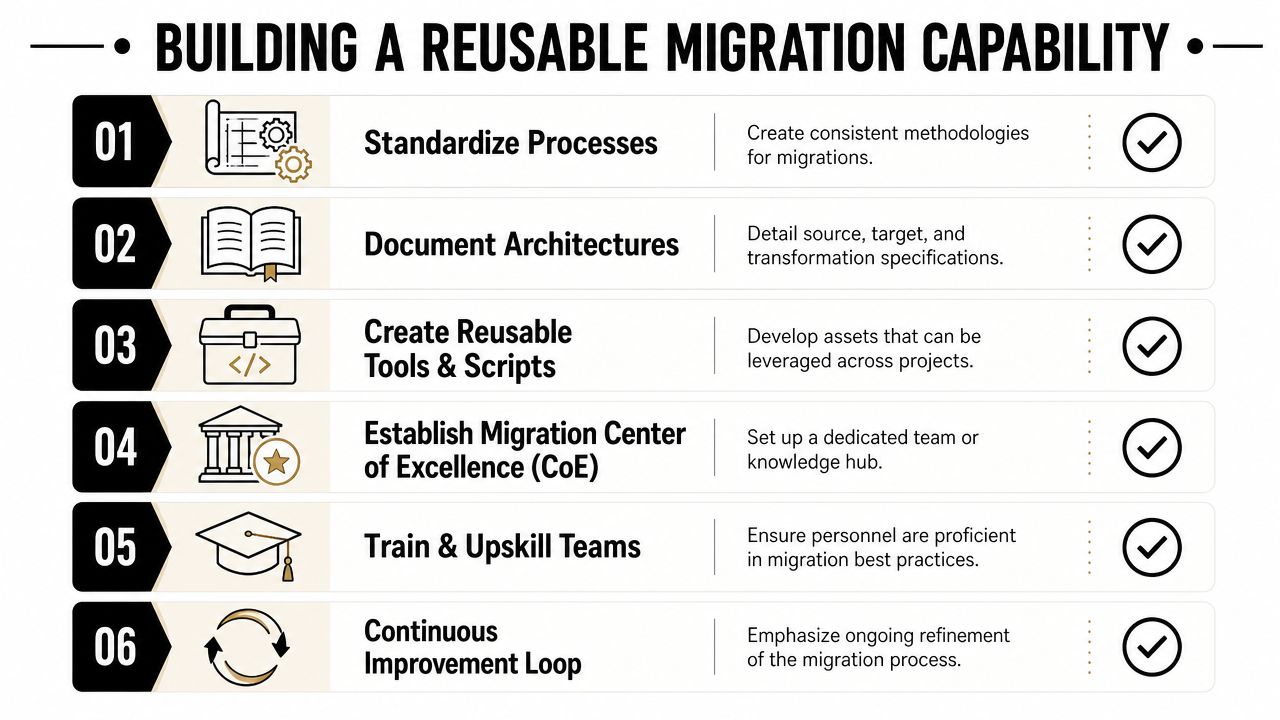 A six-step infographic illustrating a strategic roadmap for building a scalable and reusable data migration capability.
