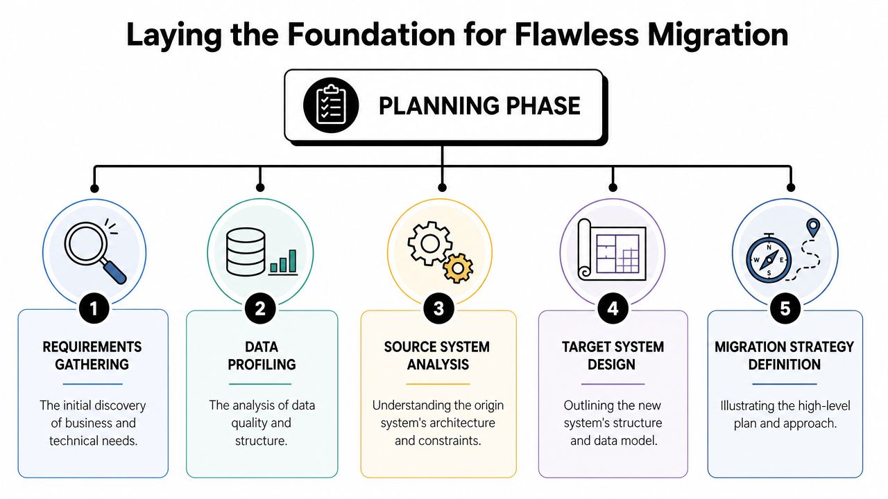 An infographic showing the five key steps of the data migration planning phase for a successful transition.