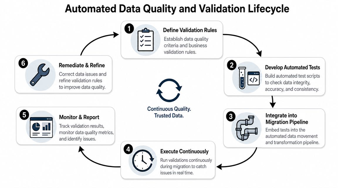 A circular diagram illustrating the six-step automated data quality and validation lifecycle process for migration.