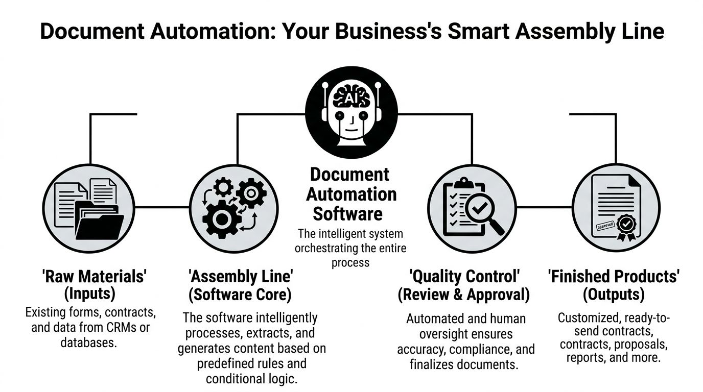 A diagram illustrating document automation software as an assembly line processing inputs into finished professional documents.