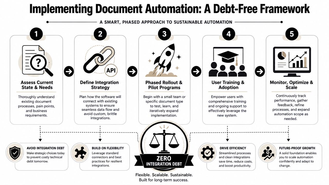 A five-step framework for implementing sustainable and debt-free document automation software solutions in a business.