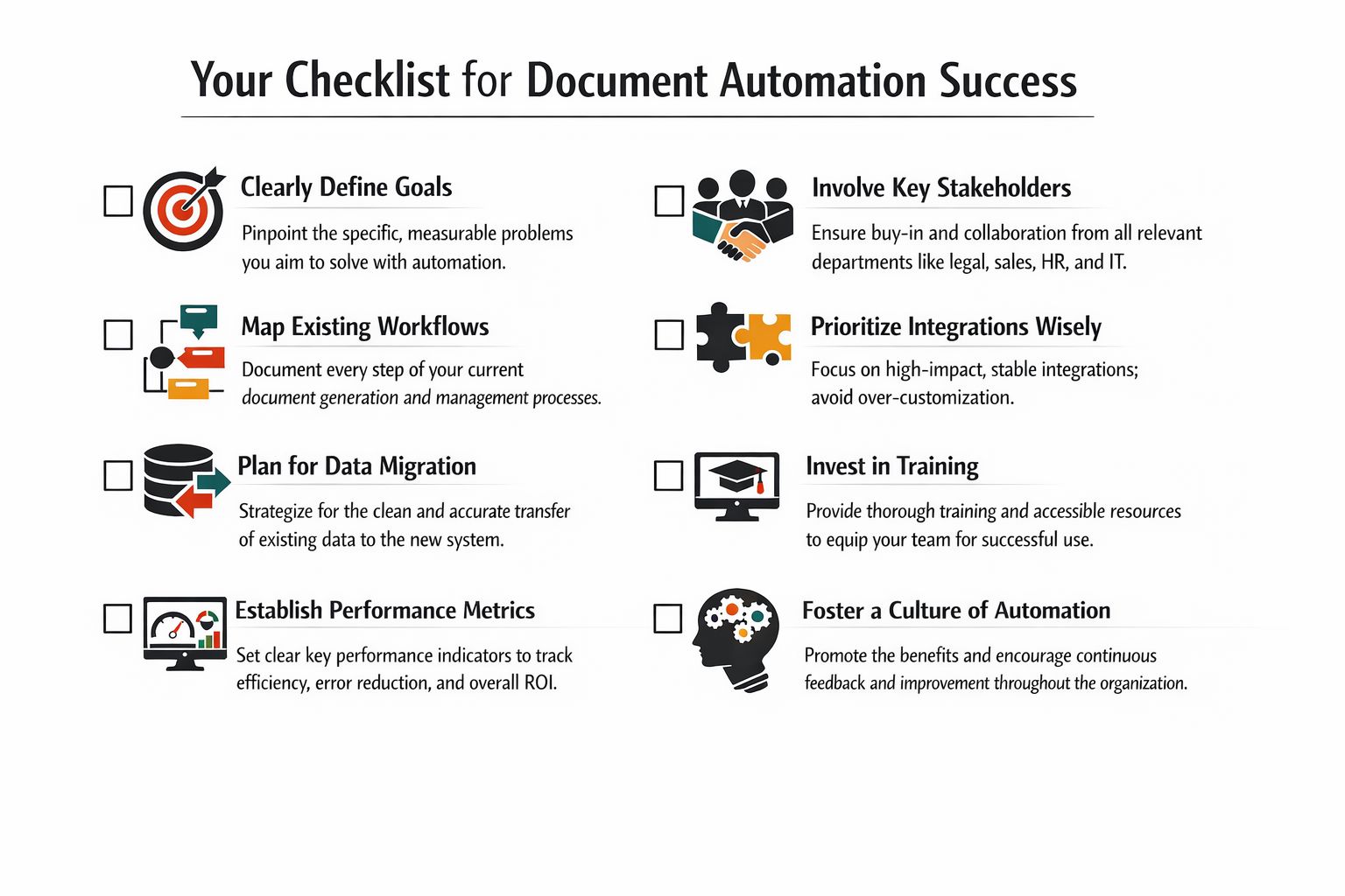A checklist for document automation success featuring eight strategic steps to improve business processes and efficiency.