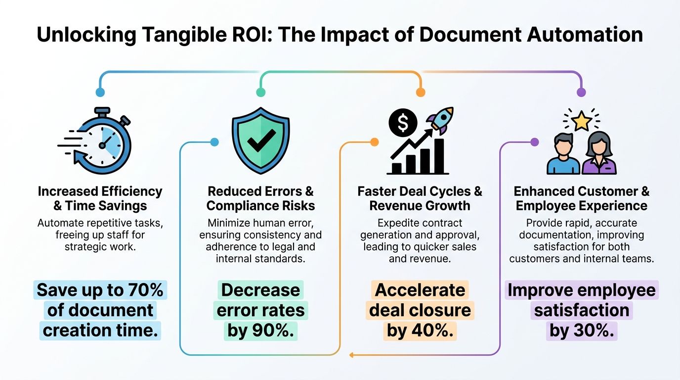 An infographic showing the benefits of document automation software including efficiency, risk reduction, revenue growth, and experience.