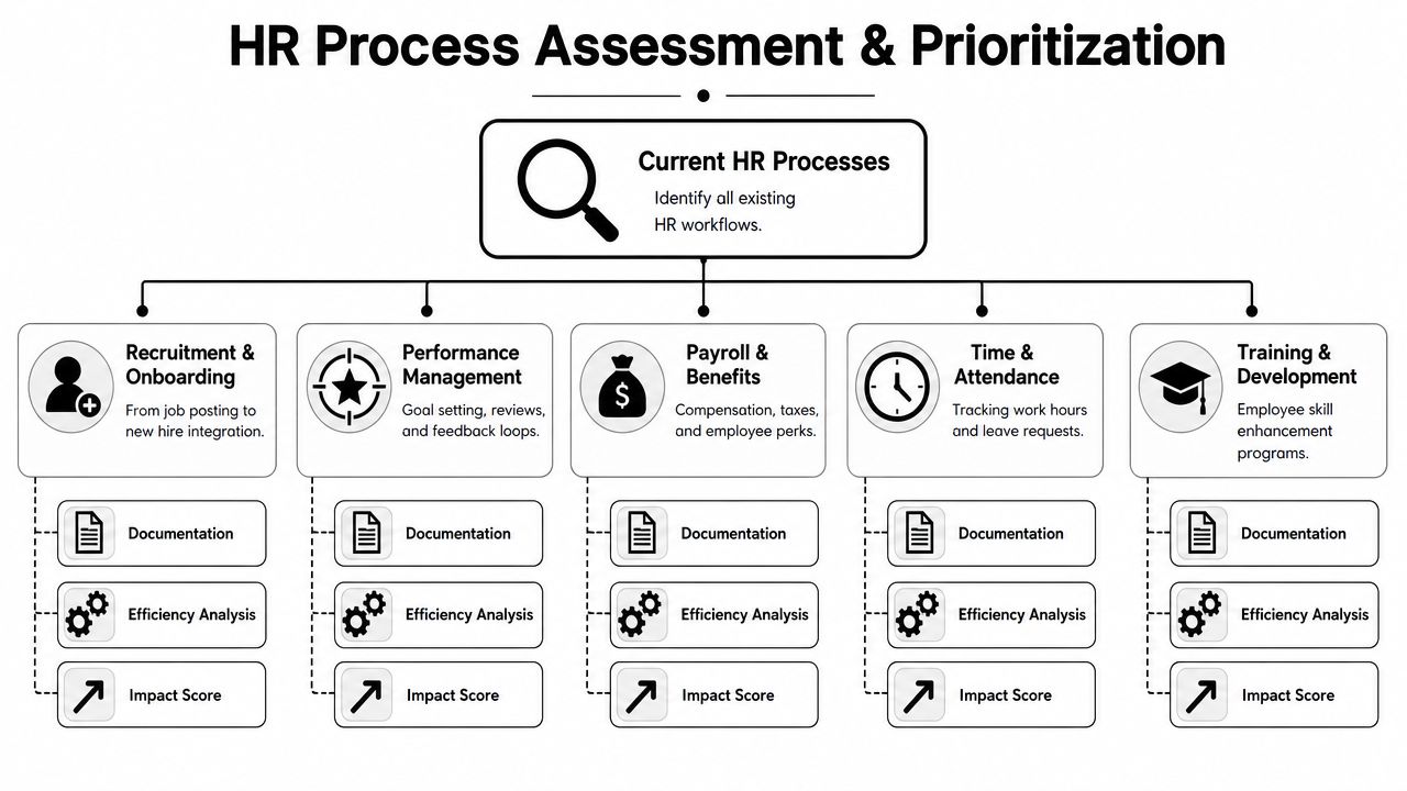 An organizational flowchart illustrating the HR process assessment and prioritization framework for various human resources departments.