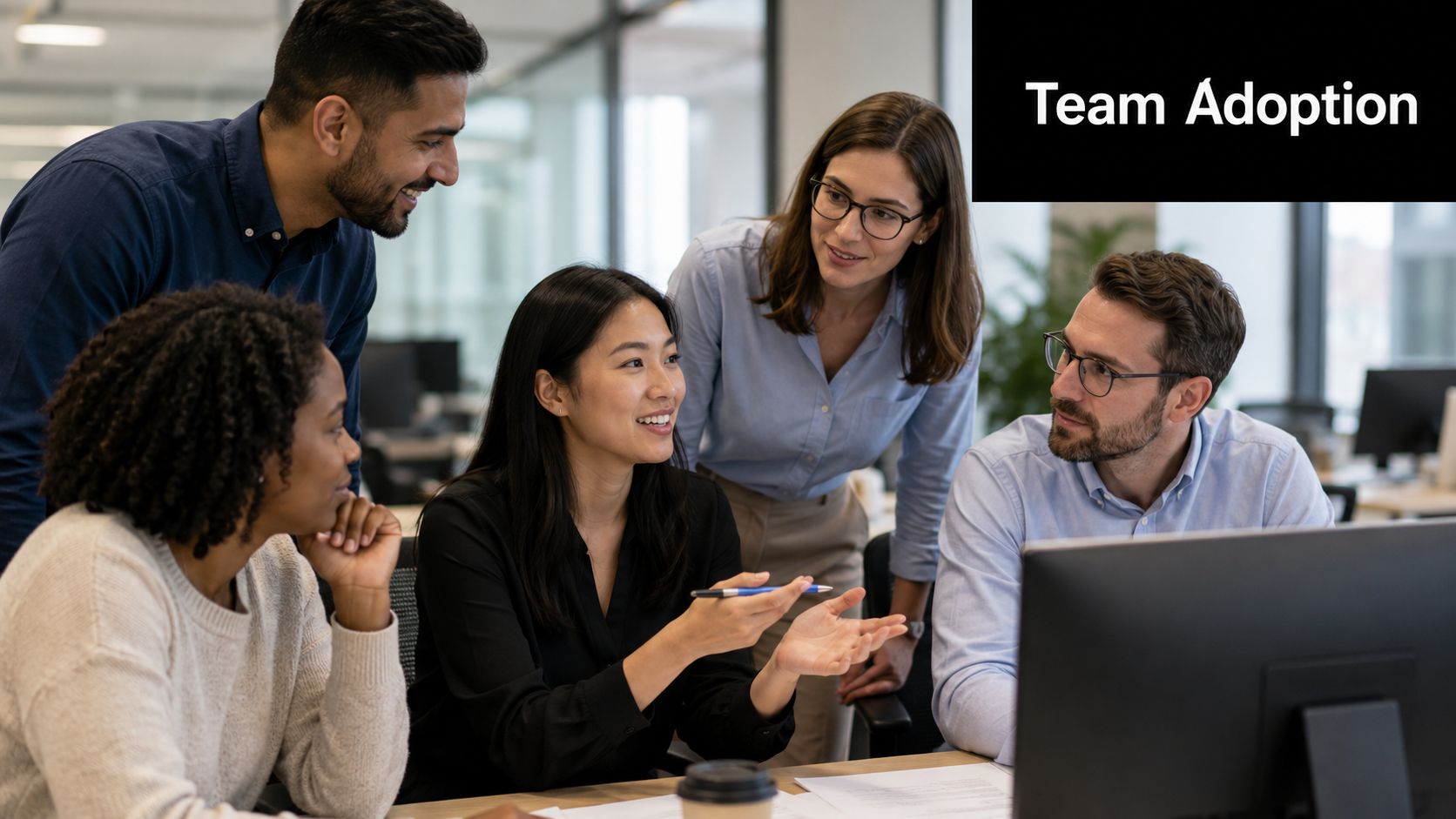 A diverse team of colleagues collaborating and discussing work around a computer screen in an office setting.