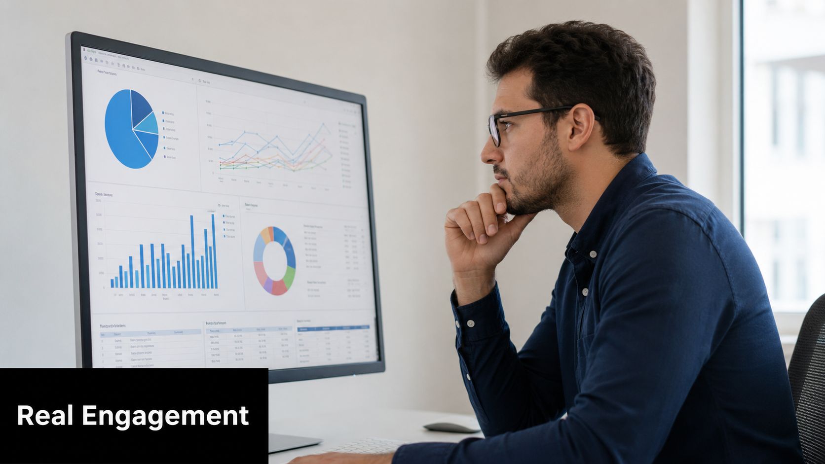A focused man analyzing data visualizations and business charts on a large computer screen at his desk.