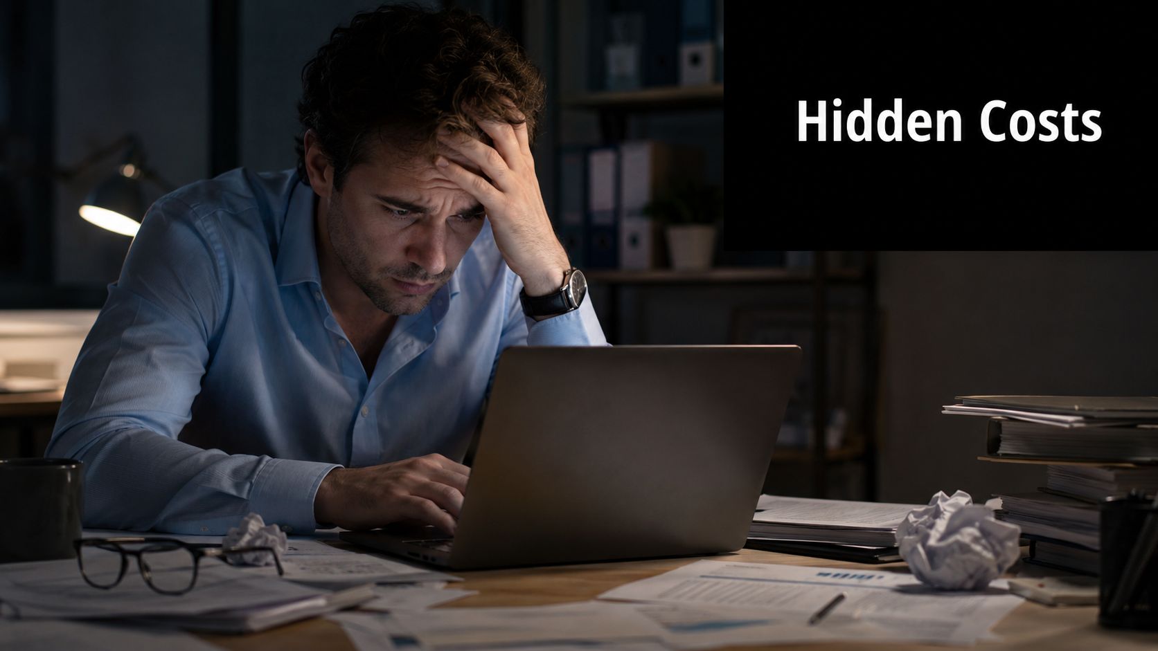 A stressed businessman working late at night on his laptop in a dark office environment.