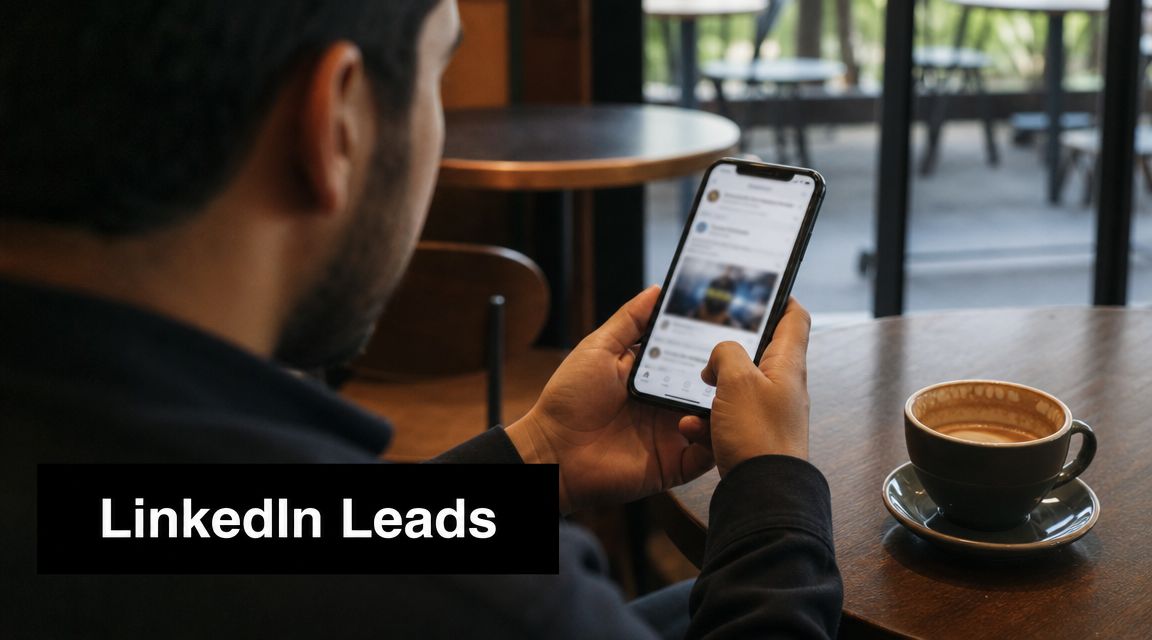 A person sitting at a cafe table using a smartphone to manage their LinkedIn leads.