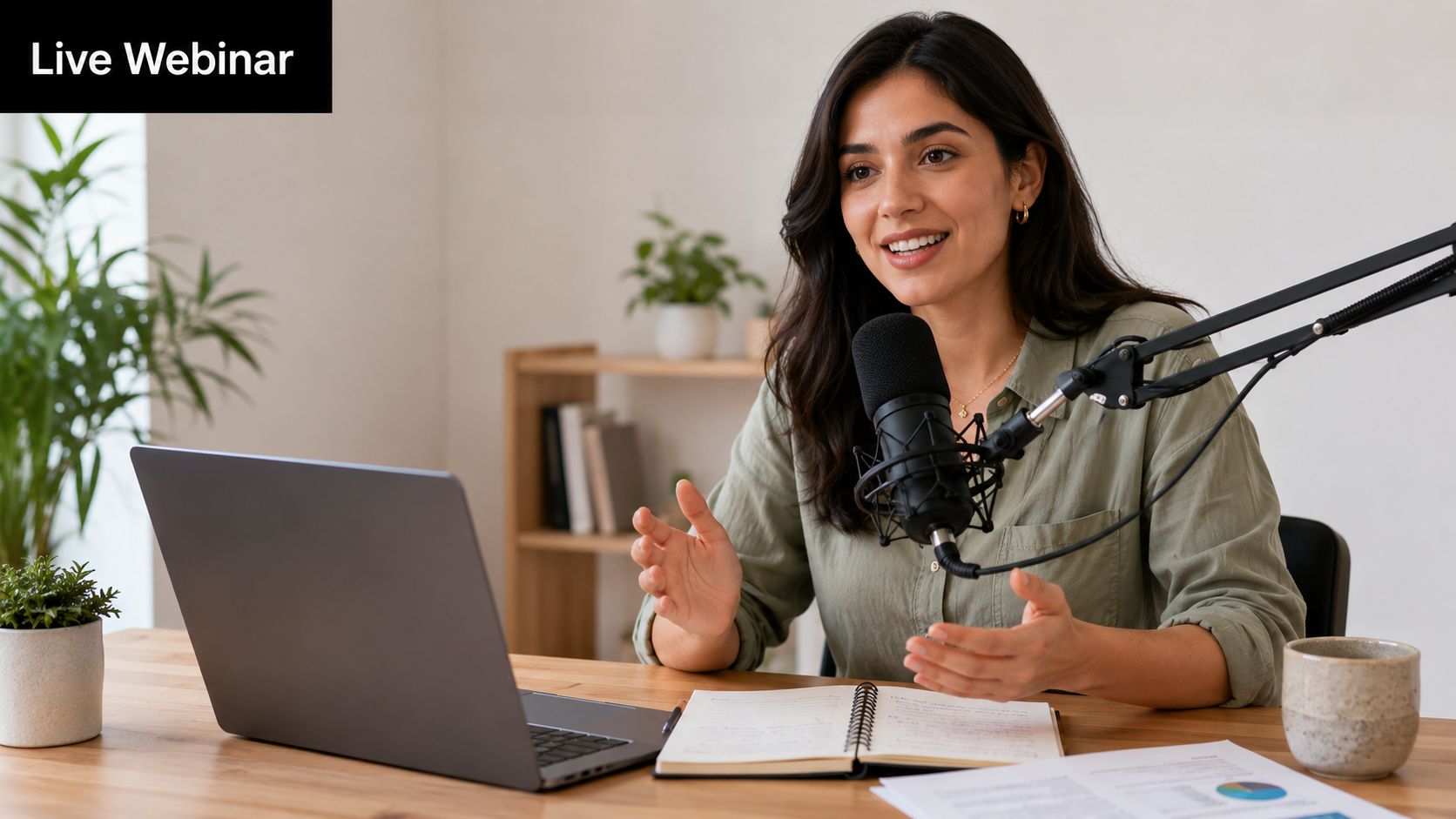 A woman presenter speaking into a professional microphone during a live webinar session with a laptop