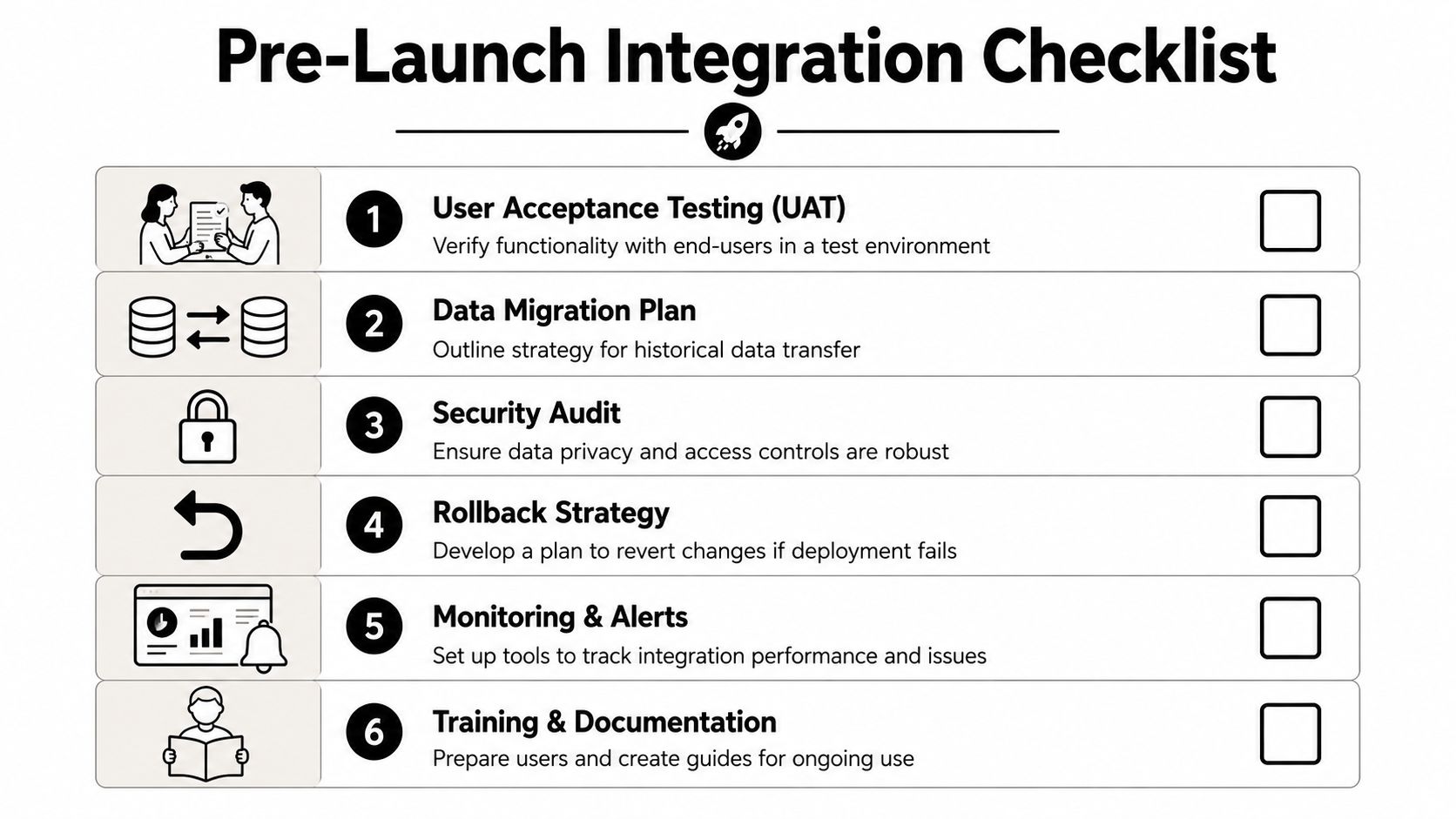 A numbered checklist for pre-launch integration, featuring six essential steps for successful software and data deployment.