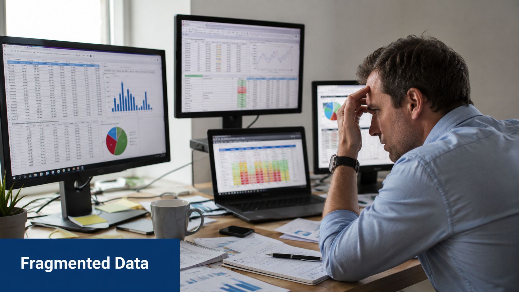 A stressed professional man working at a desk with multiple computer screens displaying complex data analytics.