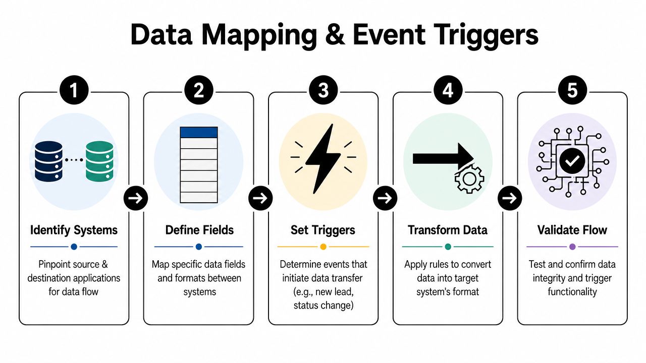 A 5-step diagram showing the process of data mapping and event triggers for marketing automation integration.
