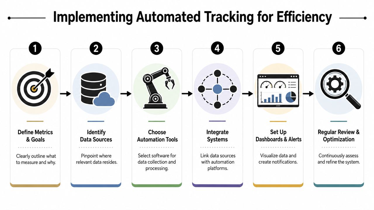 A six-step diagram illustrating the process of implementing automated tracking to improve operational efficiency.