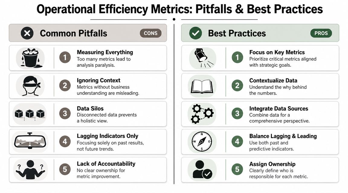 A comparison chart outlining five common pitfalls and five best practices for operational efficiency metrics.