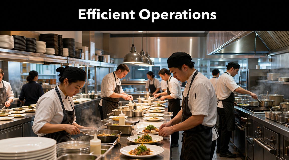 A busy commercial restaurant kitchen with professional chefs carefully preparing and plating dishes for customers.