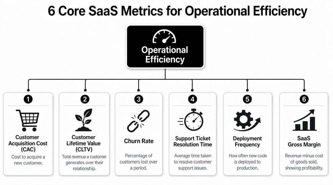 A diagram listing six core SaaS metrics used to measure operational efficiency in a business environment.