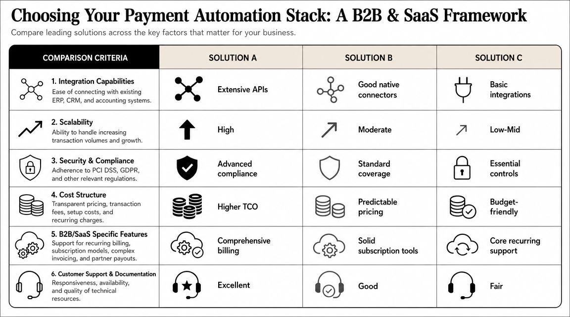A comparative table outlining features of three payment automation solutions for B2B and SaaS businesses.