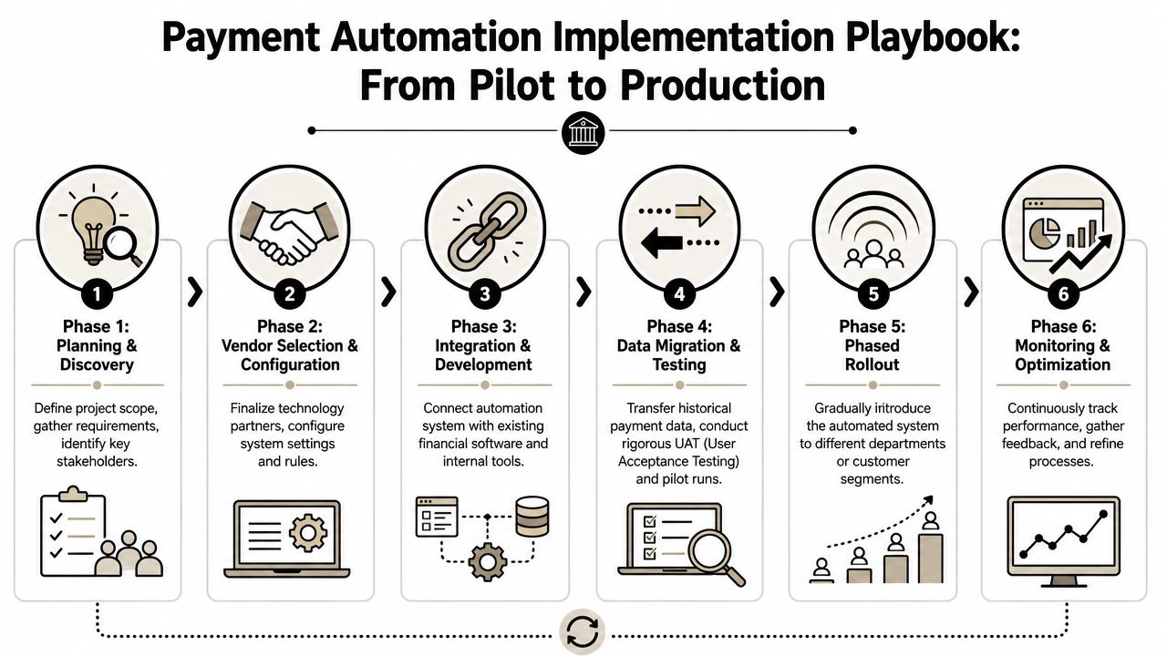 A six-phase flowchart for a payment automation implementation playbook from pilot to production deployment.