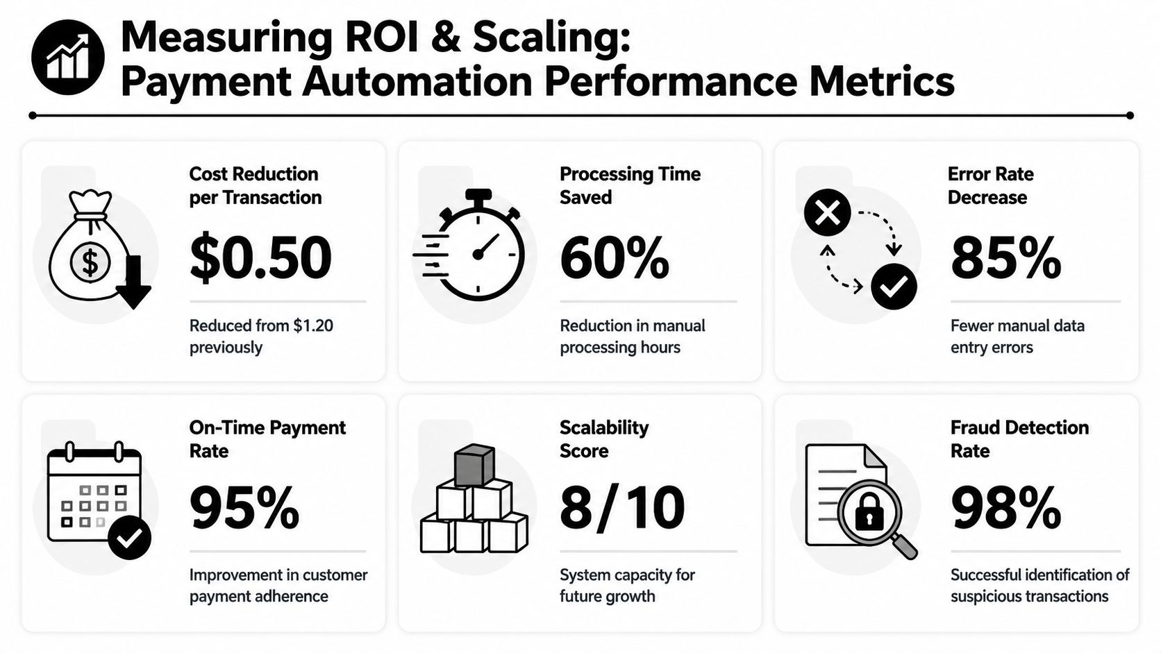 An infographic showing performance metrics for payment processing automation, including cost reduction, efficiency gains, and fraud detection rates.