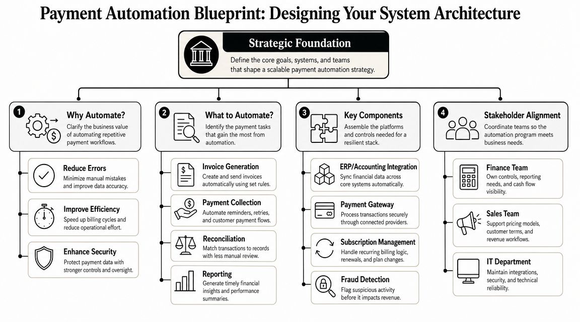 A strategic blueprint diagram detailing the essential steps and components for implementing successful payment processing automation.
