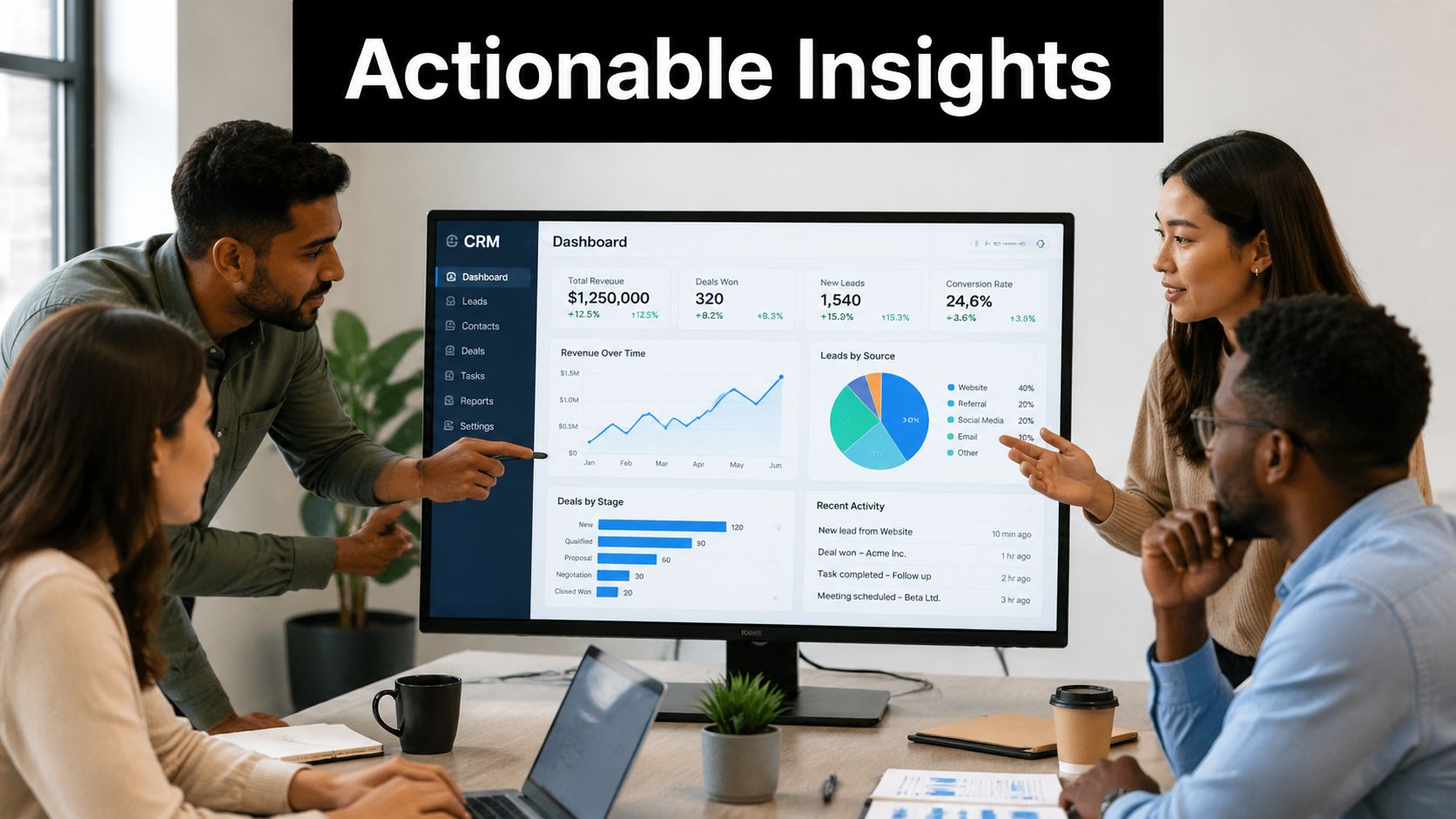 A professional team reviewing sales data on a computer dashboard during a collaborative business meeting.