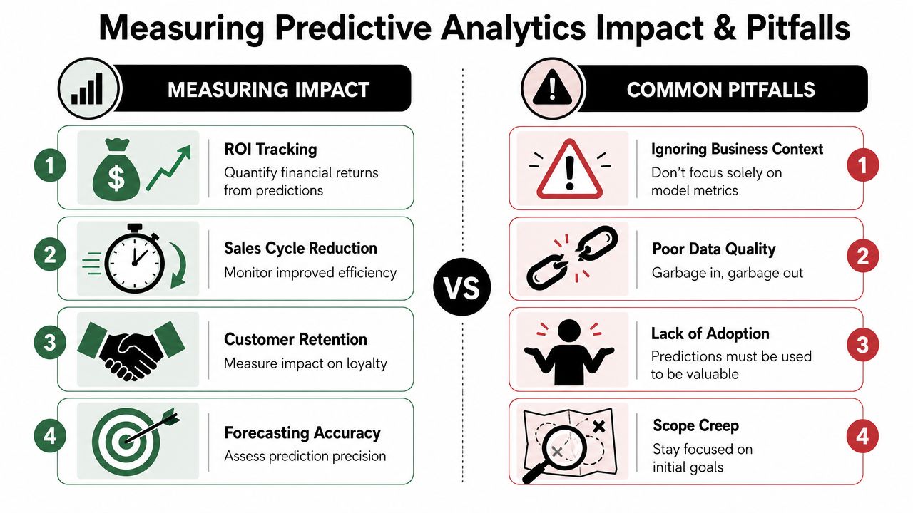 A comparison infographic showing key ways to measure predictive analytics impact versus common pitfalls in business.