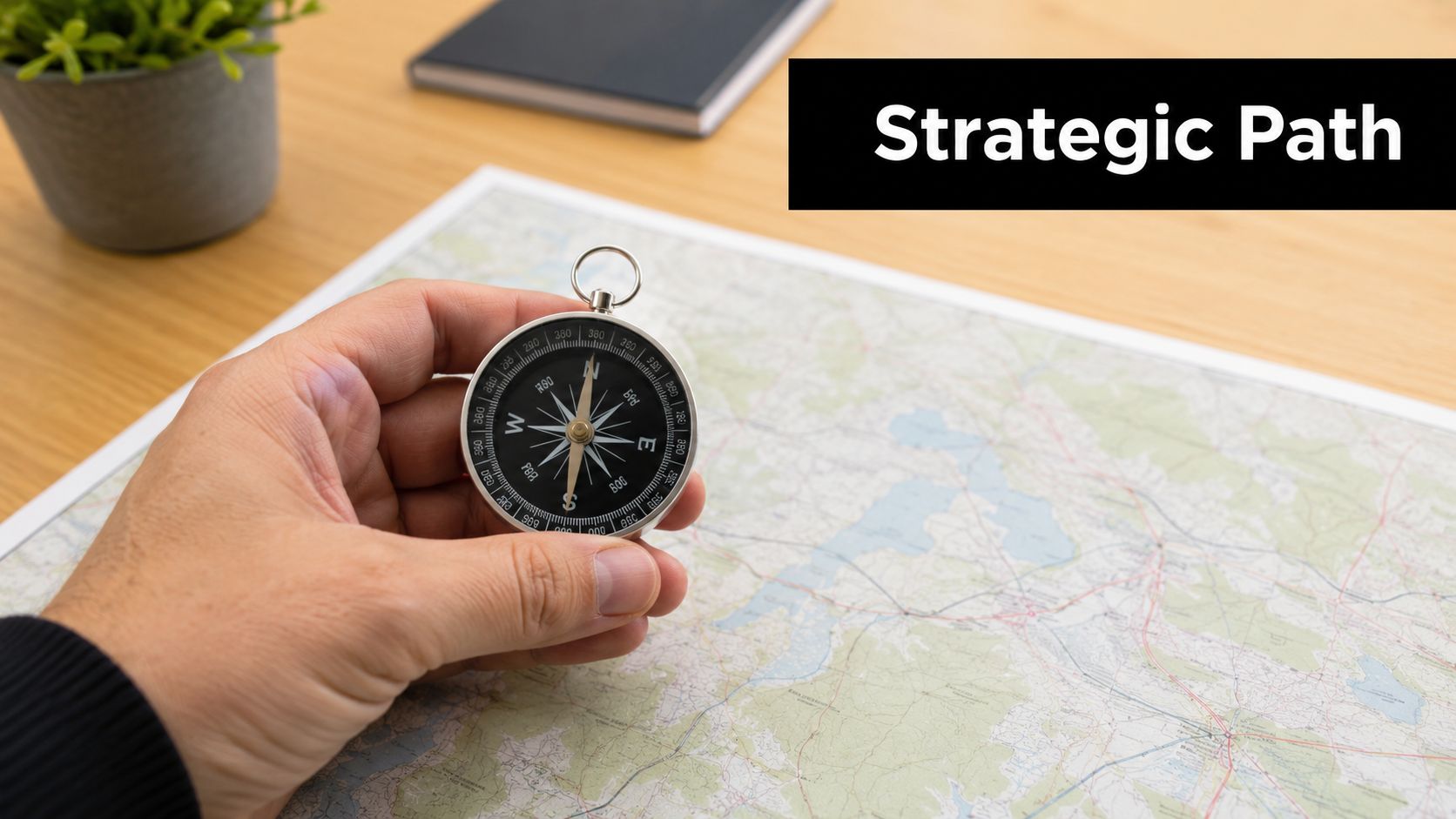 A hand holds a compass over a map with the text Strategic Path displayed above.
