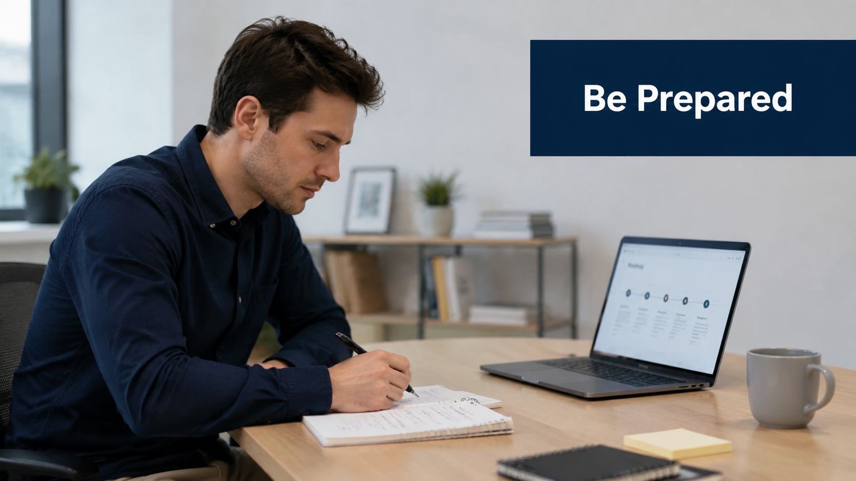 A professional man in a blue shirt writing notes while looking at his laptop in an office.
