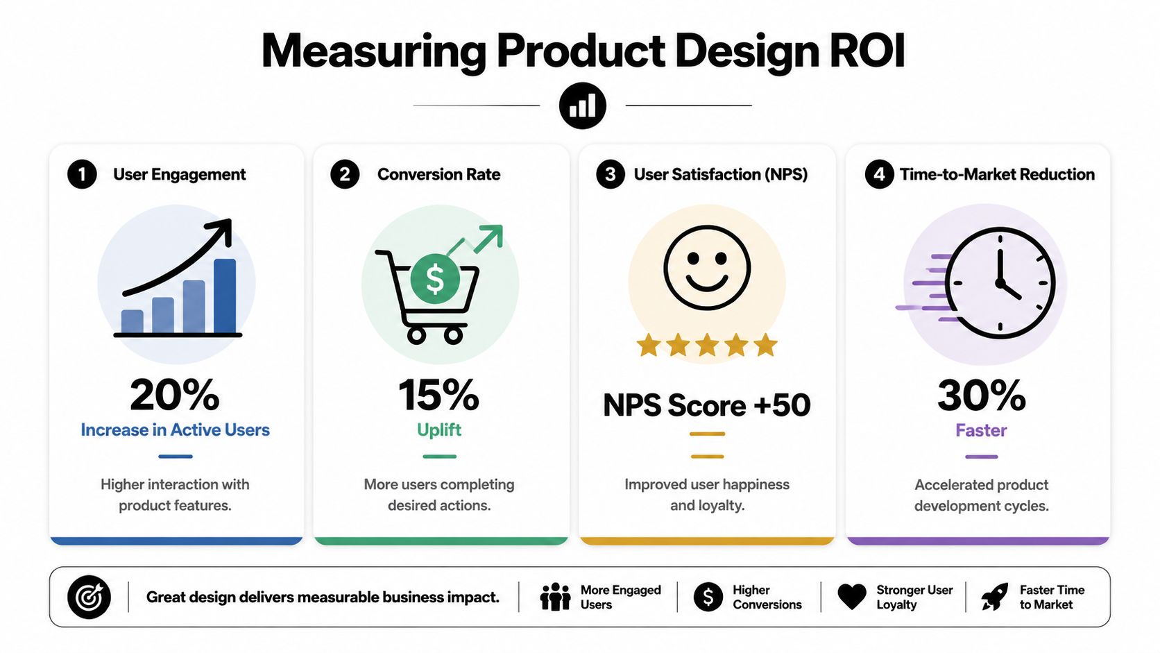 An infographic titled Measuring Product Design ROI showing four key metrics for business impact evaluation.