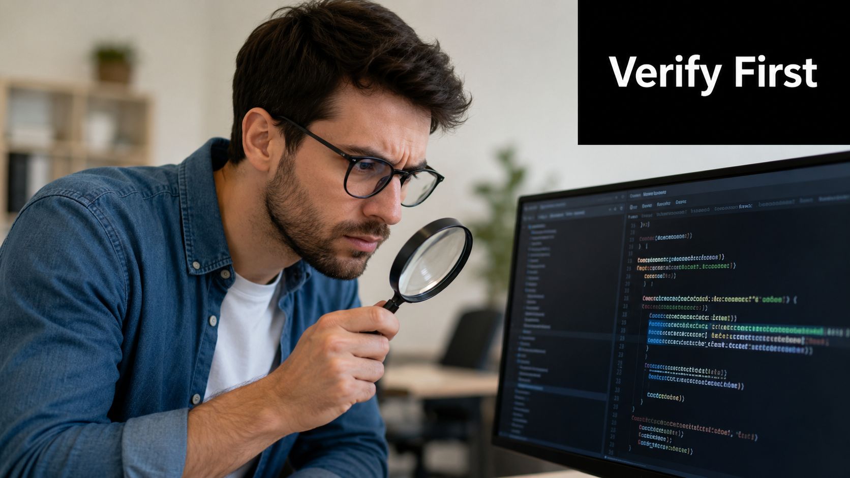 A focused developer with glasses examines computer code on a monitor using a magnifying glass.