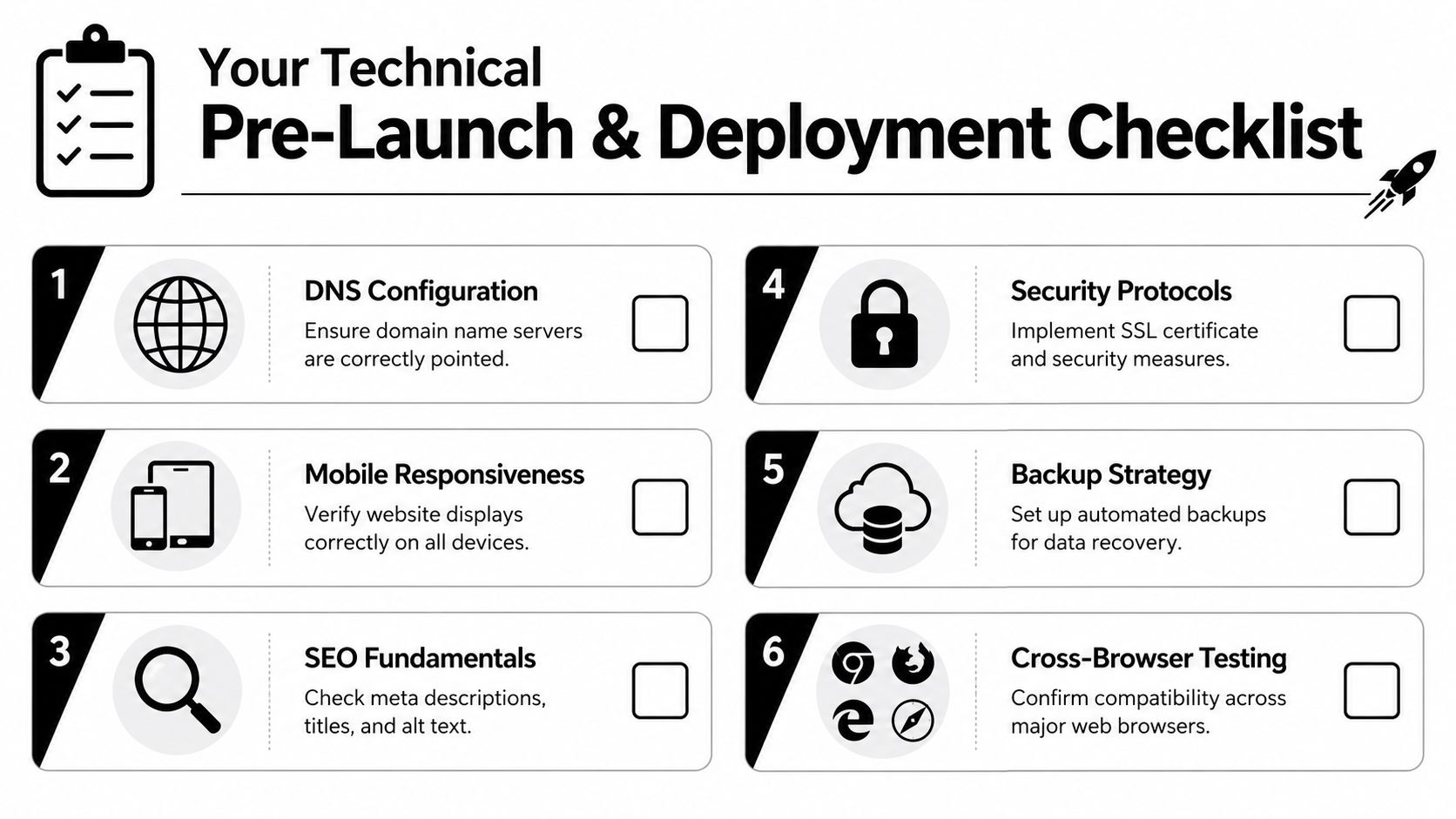 A checklist infographic titled Your Technical Pre-Launch and Deployment Checklist detailing six essential steps for launching websites.