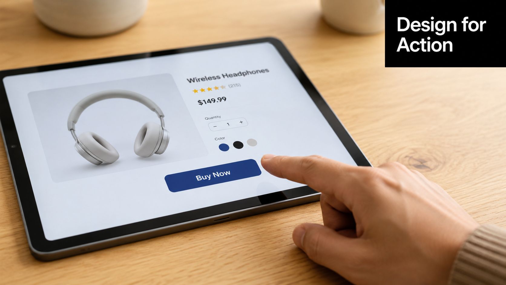 A hand using a finger to tap a Buy Now button on a tablet displaying wireless headphones.