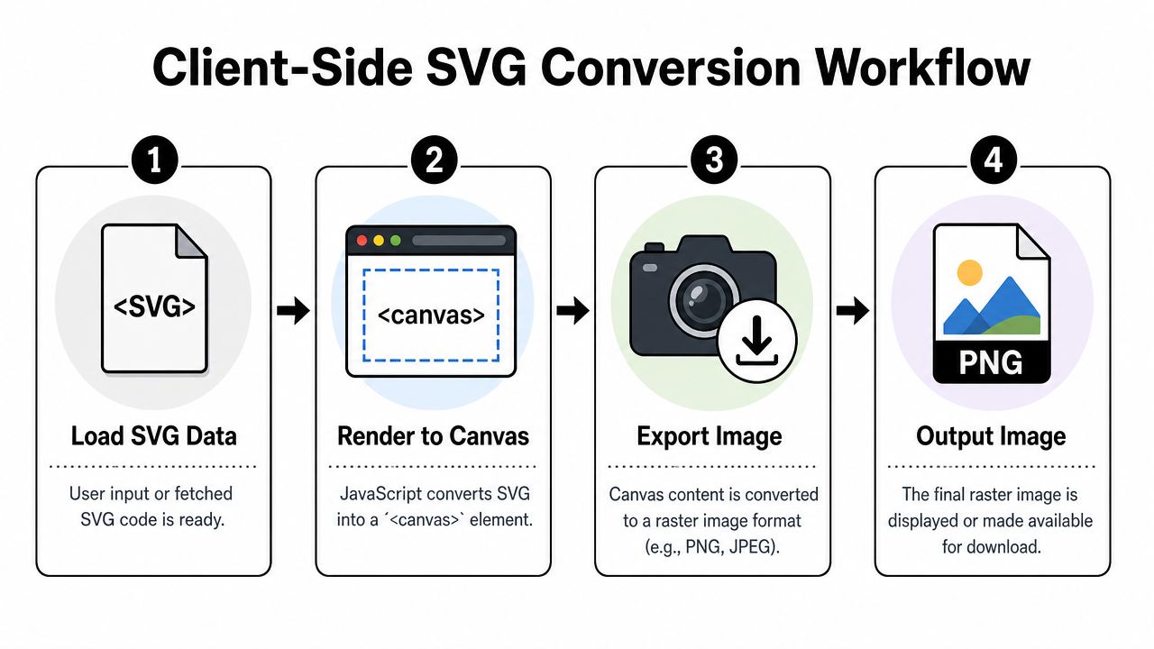 A four-step diagram showing the process of converting SVG code into a raster image file.
