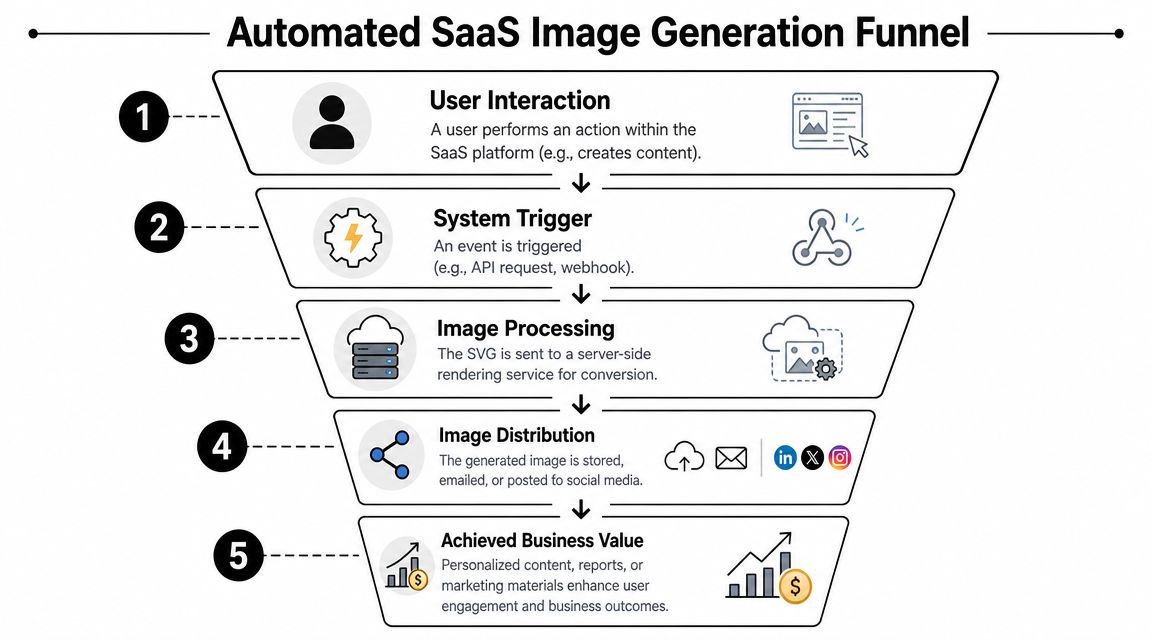 A five-step funnel diagram illustrating the automated process of converting SVG code into images for SaaS platforms.