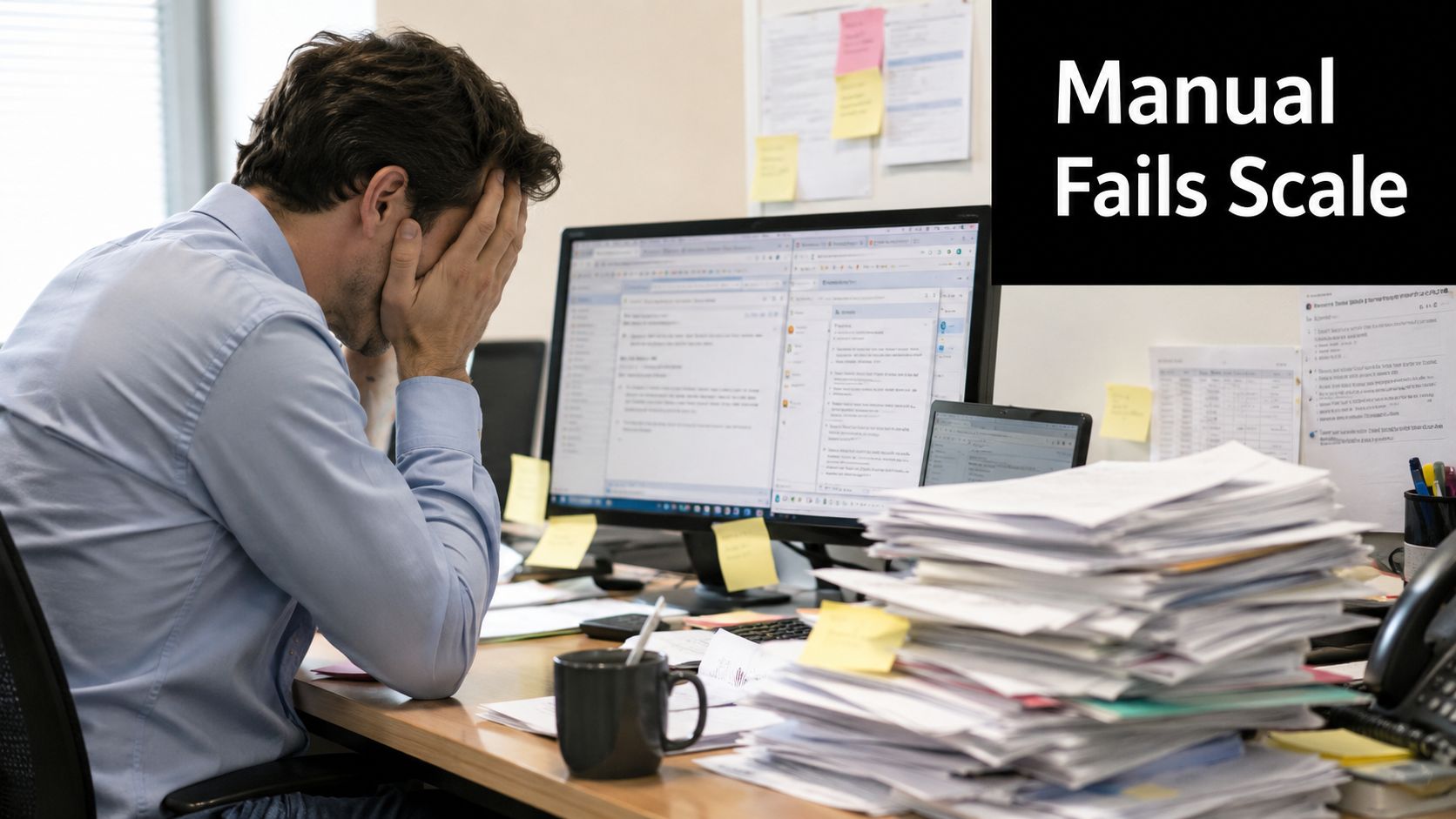 A stressed man with his head in his hands at a messy office desk with paperwork.