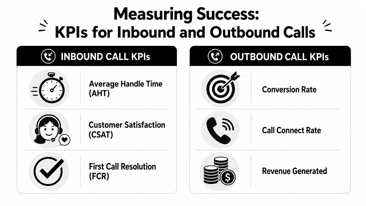 An infographic titled Measuring Success showing key performance indicators for inbound and outbound call center operations.