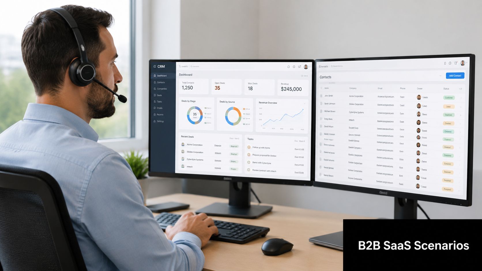 A professional customer service representative working on a computer setup with B2B SaaS CRM analytics displayed.