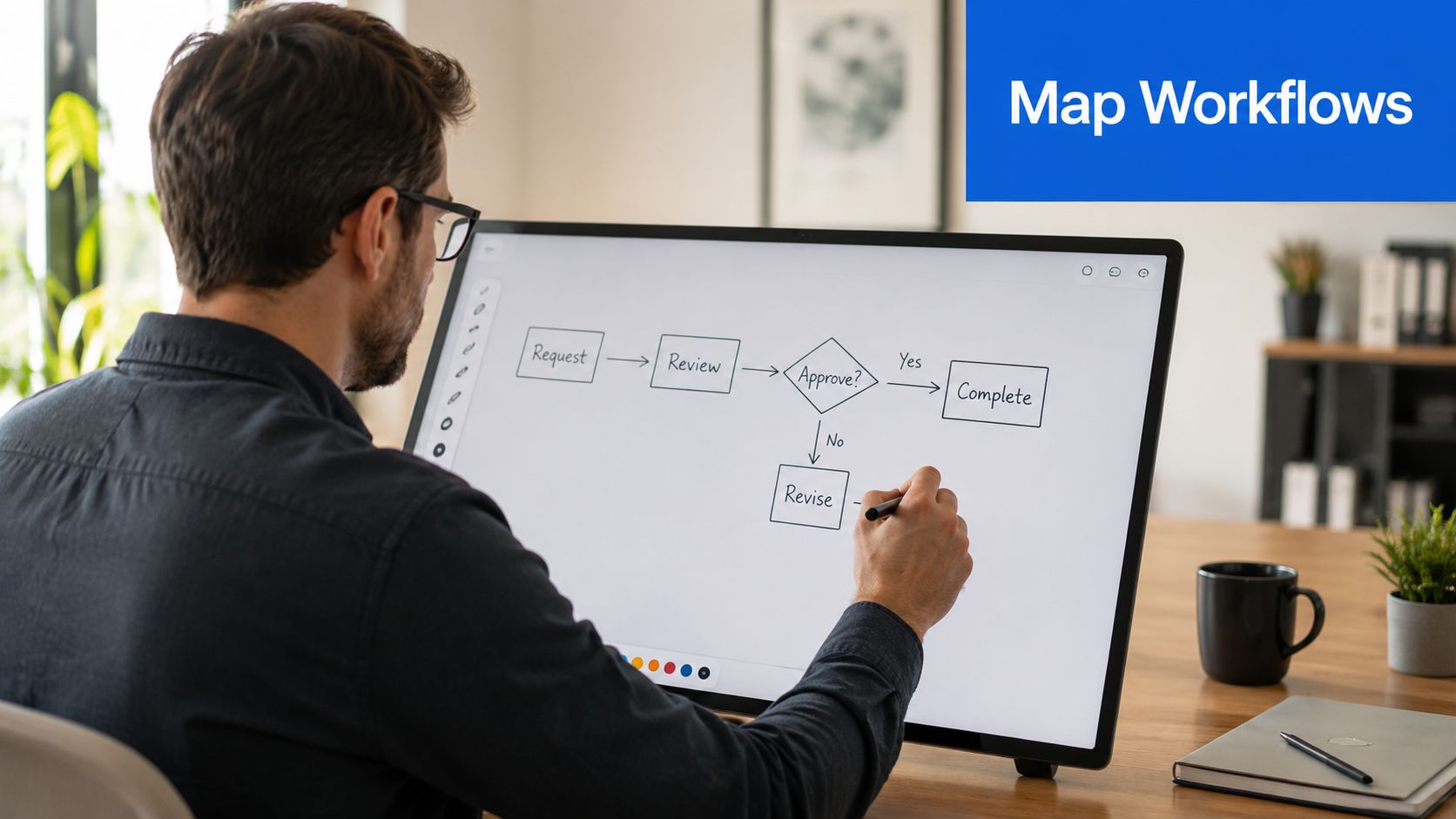 A man using a digital screen to map out a professional business process workflow diagram.