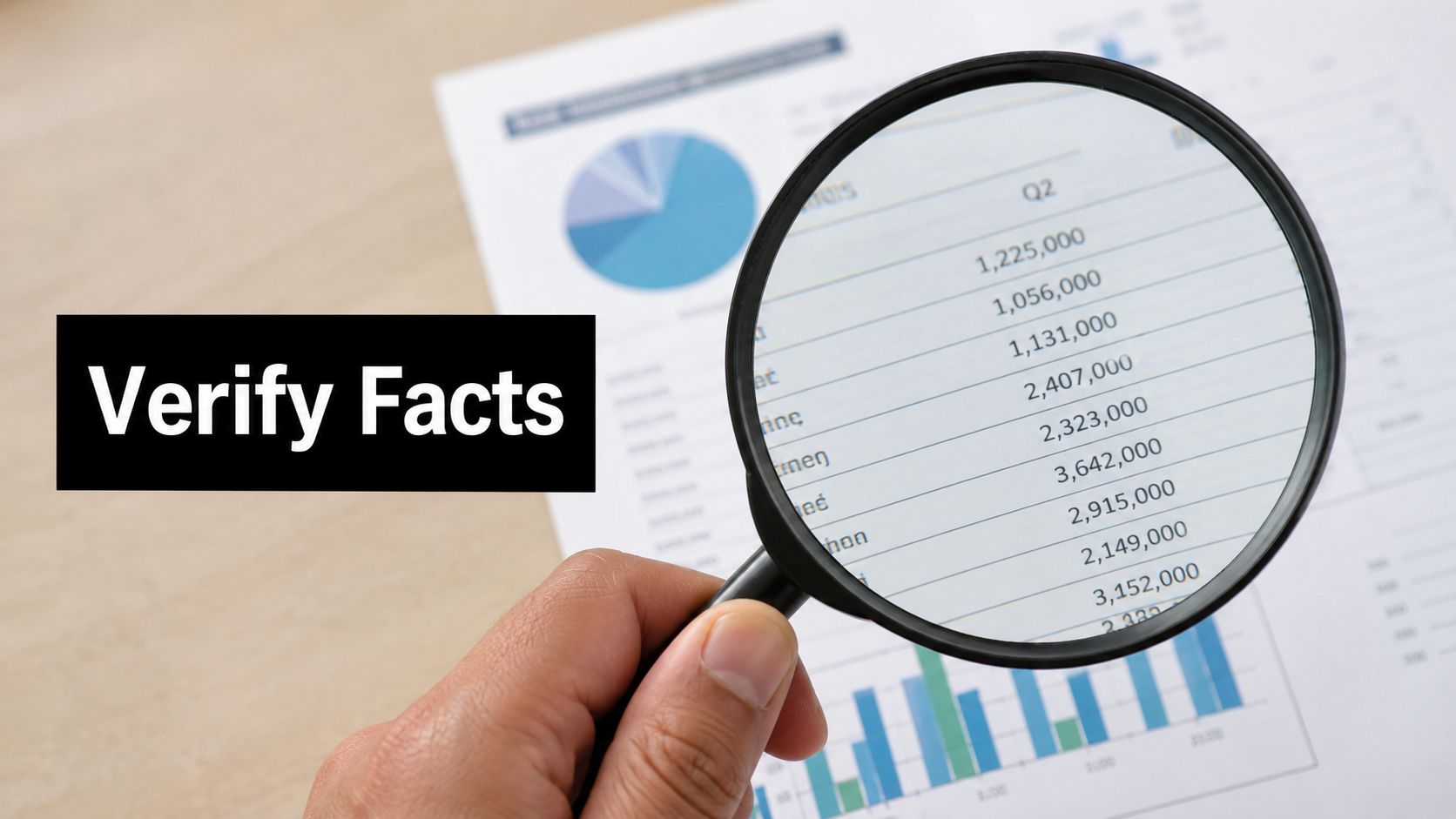 A magnifying glass held over a business report analyzing financial data to verify facts and figures.