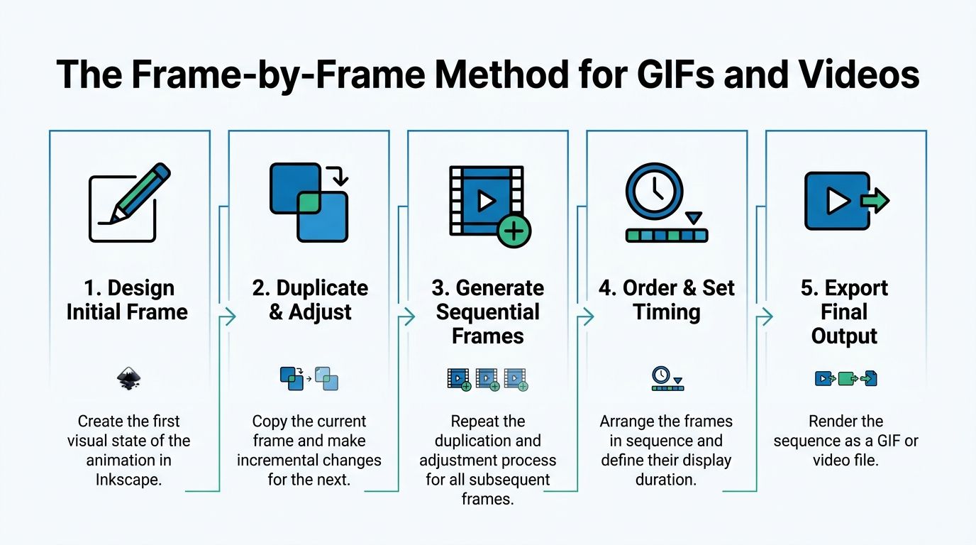 A five-step instructional diagram explaining the frame-by-frame animation process using Inkscape software for creating GIFs.