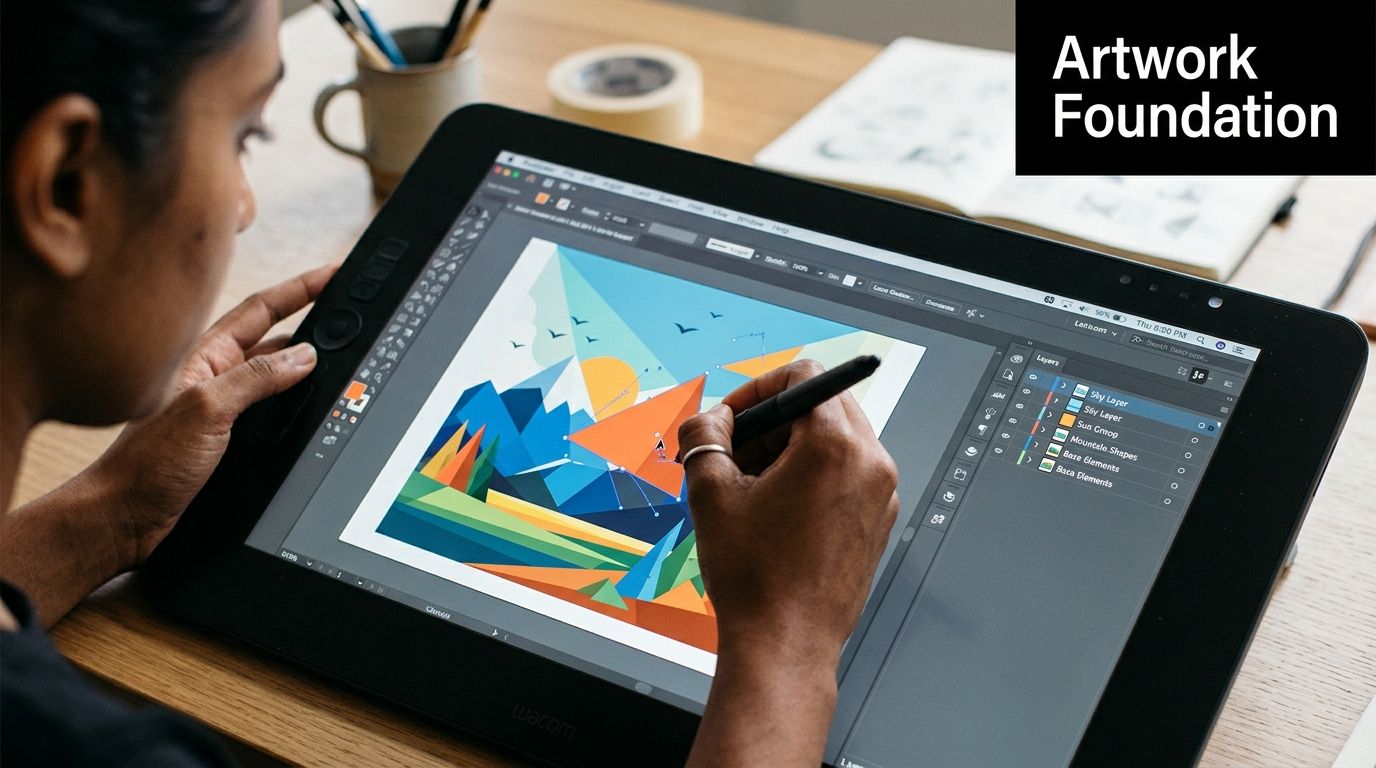 A digital artist works on a stylized mountain illustration using a Wacom graphics tablet and pen.